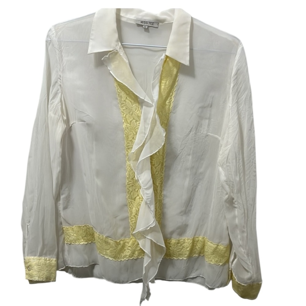 Vintage Miss Tee Sheer Ruffle Blouse w/ Yellow Lace Trim - Size 10